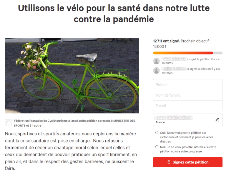Capture d'image de la pétition "Utilisons le vélo pour la santé dans notre lutte contre la pandémie"